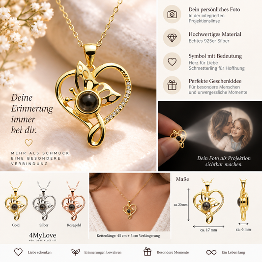 Kette mit Foto – Herz und Schmetterling, Fotokette mit Projektionslinse | 4MyLove