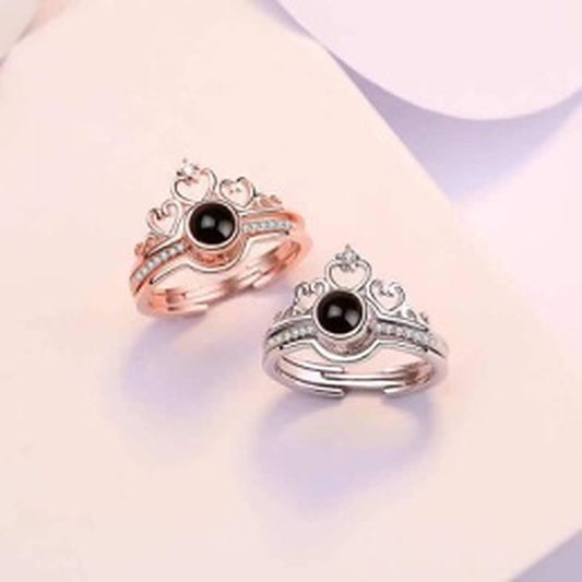 Zwei offene Fotoringe mit Herzkrone und Kristallen in Roségold und Silber