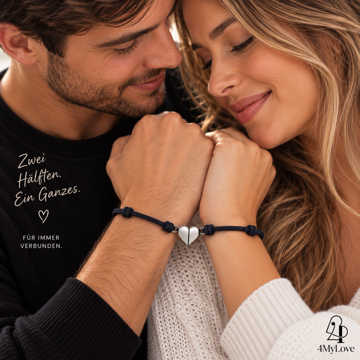 Paar mit schwarzen Partnerarmbändern und magnetischen Herzanhängern von 4MyLove