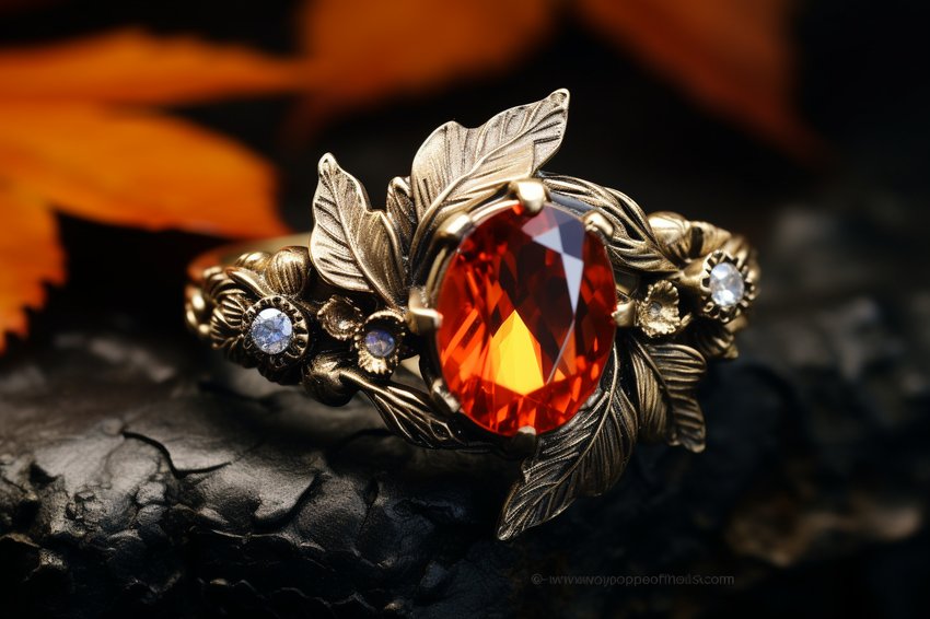 Ring mit orangem Zentralstein und Goldblättern vor Herbstblatt
