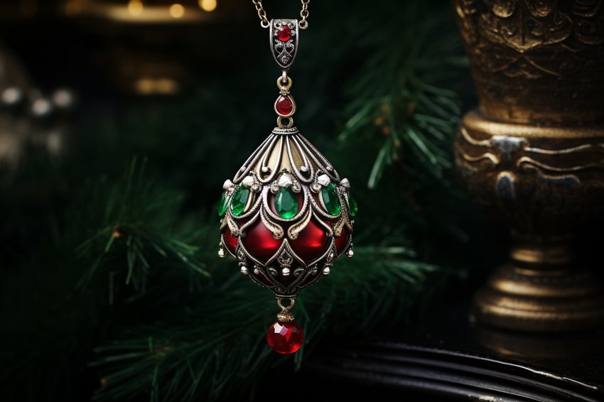 Filigraner tropfenförmiger Anhänger mit roten und grünen Cabochons an feiner Kette vor Tannenzweig und goldenem Kerzenhalter