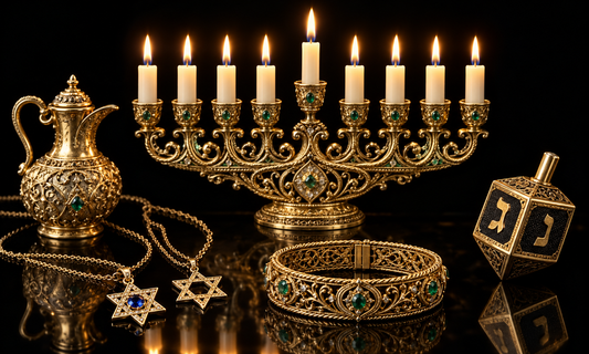 Goldene Chanukkia mit Davidstern und Dreidel
