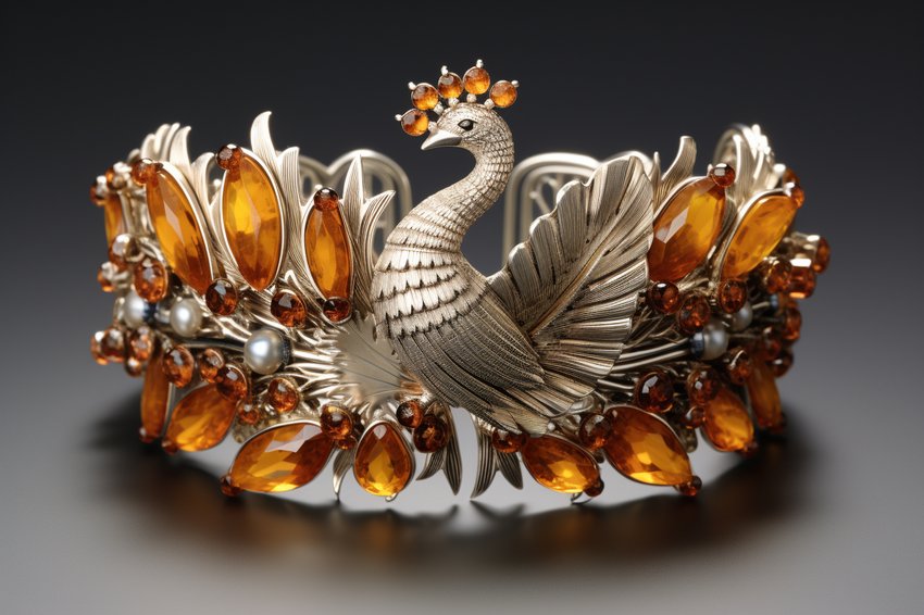 Kunstvoller Armreif in Form eines Pfaus mit orangenen bernsteinfarbenen Steinen und kleinen Perlen als Federfassung
