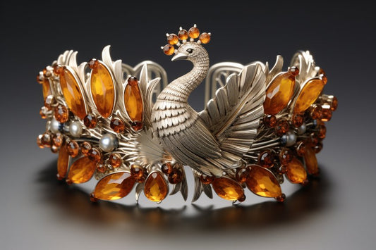 Kunstvoller Armreif in Form eines Pfaus mit orangenen bernsteinfarbenen Steinen und kleinen Perlen als Federfassung
