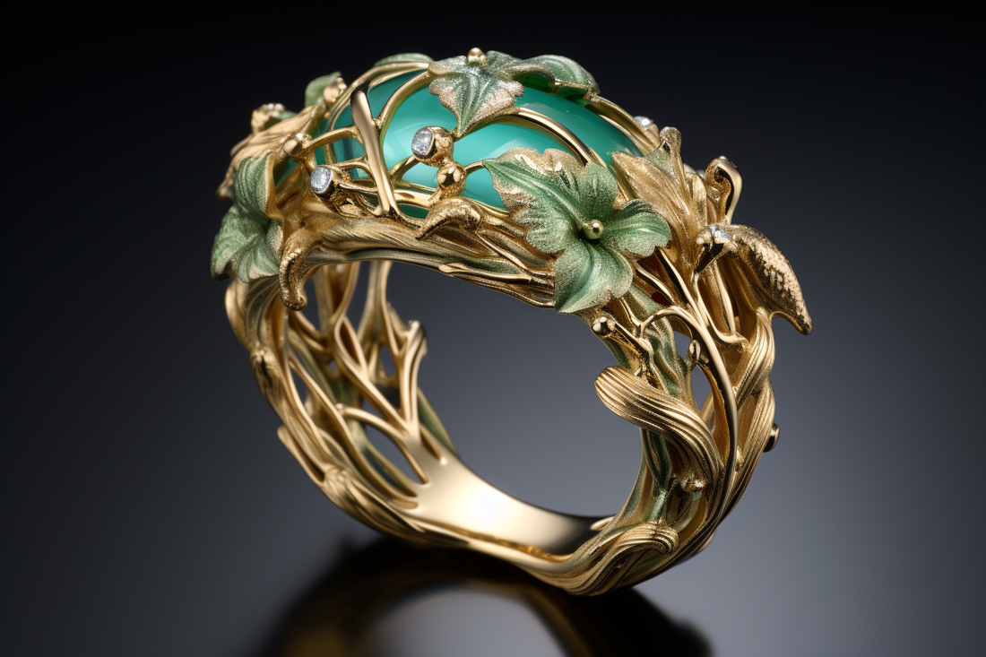 Kunstvoll geschmiedeter goldener Jugendstil-Ring mit türkisfarbenem Cabochon-Stein und zarten Blatt- und Rankenornamenten