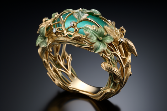 Kunstvoll geschmiedeter goldener Jugendstil-Ring mit türkisfarbenem Cabochon-Stein und zarten Blatt- und Rankenornamenten