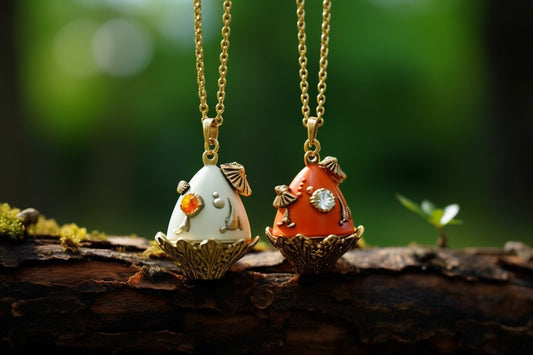Zwei niedliche Anhänger in Form kleiner Häuser oder Gnome, einer weiß und einer orange, mit floralen Details an feinen Goldketten vor grünem Naturhintergrund