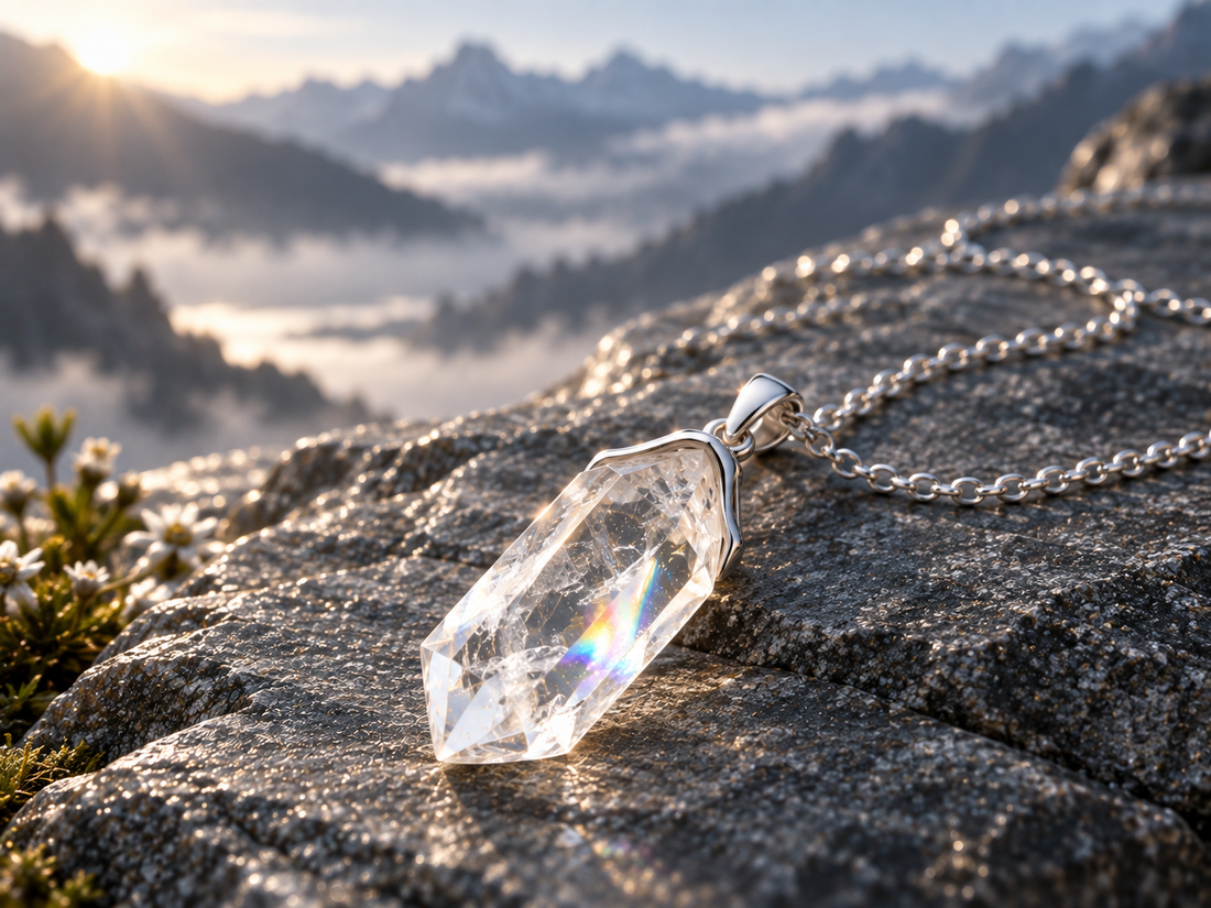 Kette mit Kristallanhänger im Alpenmorgenlicht