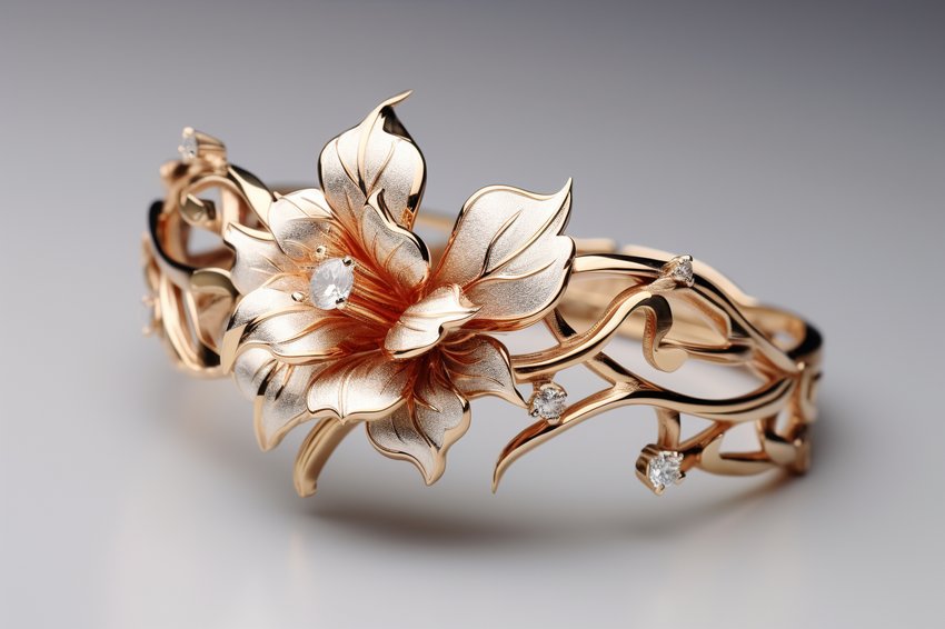 Eleganter roségoldener Armreif in Form einer stilisierten Blüte mit Blattranken und kleinen Diamant-Akzenten