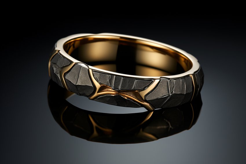 Mattschwarzer Ring mit facettierter Struktur außen und glänzend goldener Innenseite auf spiegelndem Untergrund