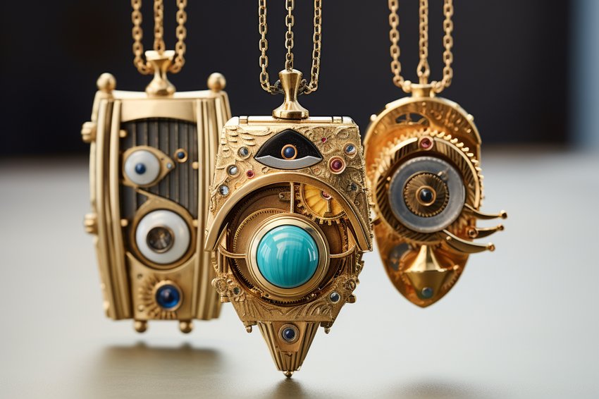 Drei goldene Anhänger im Steampunk-Stil mit Zahnrädern, Augen-Motiven und einem türkisfarbenen Cabochon-Stein an feinen Ketten