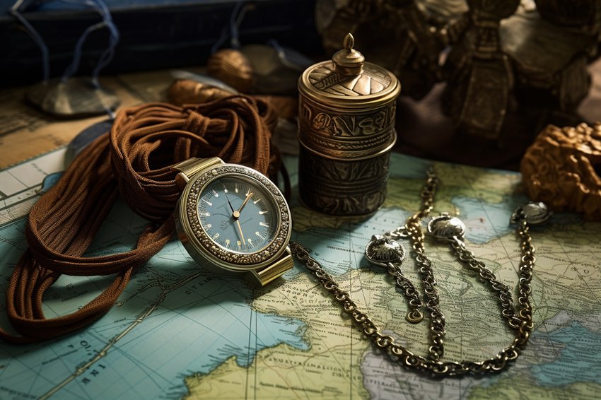 Schmuck auf Reisen mit Kompass und Landkarte als Symbol für besondere Reiseerinnerungen