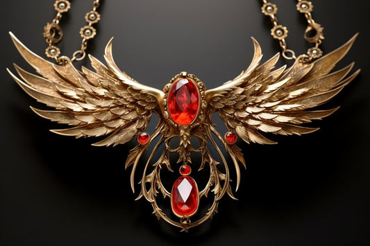 Goldener Anhänger in Engelsflügel-Form mit ovalem rotem Cabochon und tropfenförmigem roten Kristall an feiner Goldkette