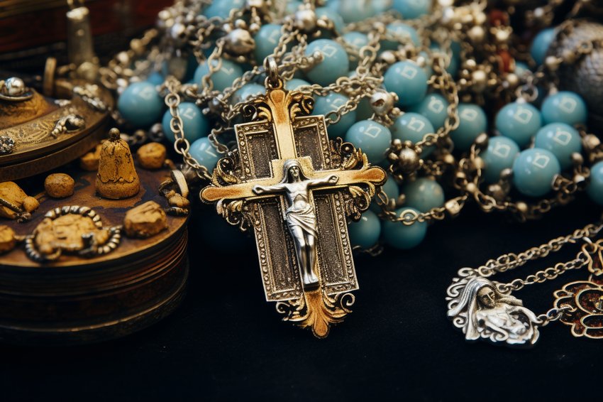 Großer barocker Kruzifix-Anhänger mit Silber-Jesus-Figur vor türkisfarbenem Rosenkranz und antiken Marienmedaillons