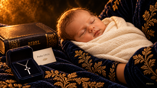 Schlafendes Neugeborenes im Arm seiner Mutter, daneben eine Bibel, eine Karte mit Psalm 139,14 und eine silberne Kreuzkette in einer Geschenkschatulle.