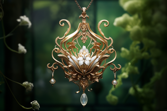 Kunstvoll gearbeiteter goldener Anhänger im Jugendstil mit weißer Blüte, kleinem Kristall und Perlen, vor grünem Blattwerk