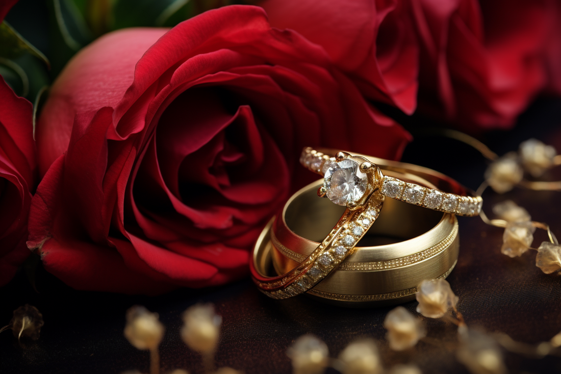 Zwei goldene Eheringe – einer mit Diamantbesatz, einer klassisch – vor roten Rosen und Schleierkraut auf dunklem Untergrund