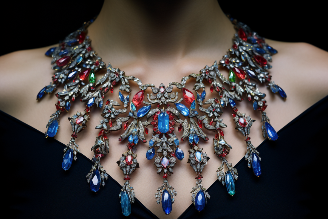 Üppiges Statement-Collier mit blauen, roten und grünen Schmucksteinen und funkelnder Filigranarbeit am Ausschnitt eines schwarzen Kleides