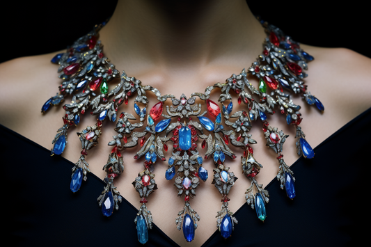 Üppiges Statement-Collier mit blauen, roten und grünen Schmucksteinen und funkelnder Filigranarbeit am Ausschnitt eines schwarzen Kleides