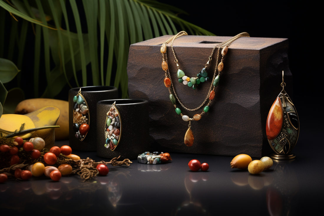Bunte Boho-Schmuck-Auslage mit mehrreihiger Kette und Ohrhängern aus farbigen Naturstein-Perlen auf dunklem Steinsockel, Palmenblatt im Hintergrund