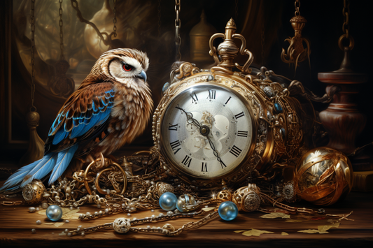 Barockes Stillleben mit einer bunten Eule neben einer antiken goldenen Uhr, umgeben von altem Schmuck – Sinnbild ererbter Kostbarkeiten