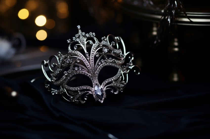Silberne verzierte Maskerade-Maske im Barockstil mit vielen kleinen Kristallen und einem roten Cabochon-Stein auf schwarzem Samt vor Kerzenlicht