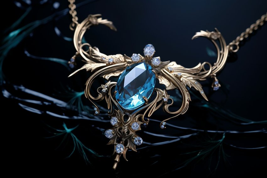 Goldener Jugendstil-Anhänger mit großem blauem Cabochon-Stein und filigranen Blattranken mit Diamant-Akzenten auf dunkelblauem Hintergrund