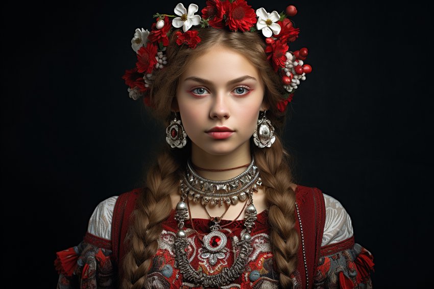 Junge Frau mit geflochtenen Zöpfen und Blumenkranz aus roten und weißen Blüten im Haar, trägt traditionelle rot-silberne Trachtenkleidung mit silberner Halsband-Kette und rotem Zentralanhänger