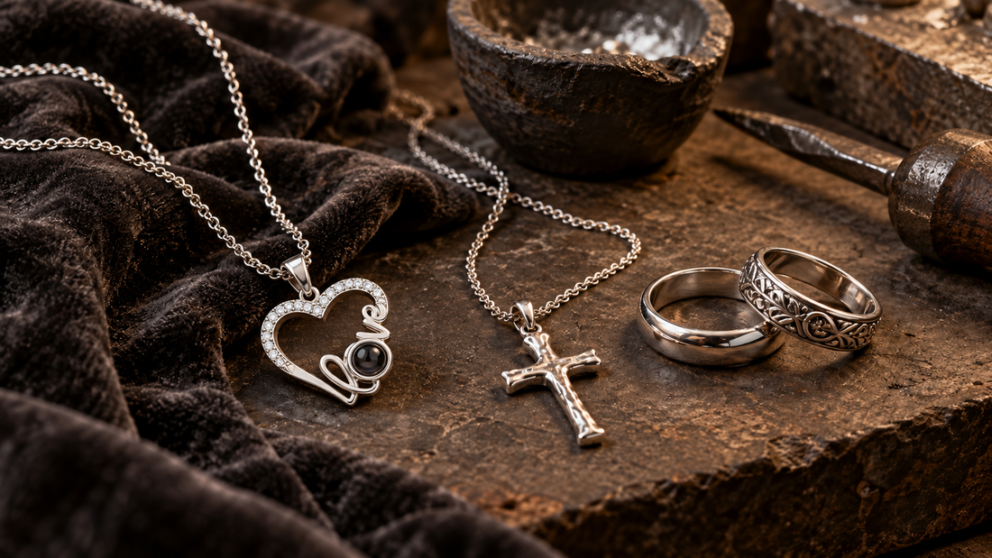 Silberne Herz-Fotokette von 4MyLove mit Kristallen und Projektionslinse neben einer Kreuzkette und zwei Silberringen auf dunklem Untergrund.