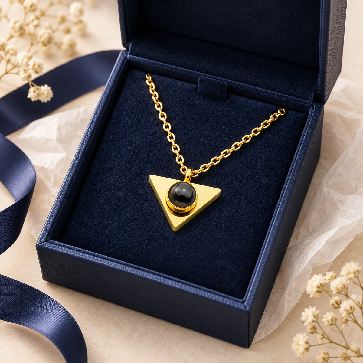 Goldfarbene Dreieck-Fotokette von 4MyLove in einer geöffneten dunkelblauen Geschenkbox