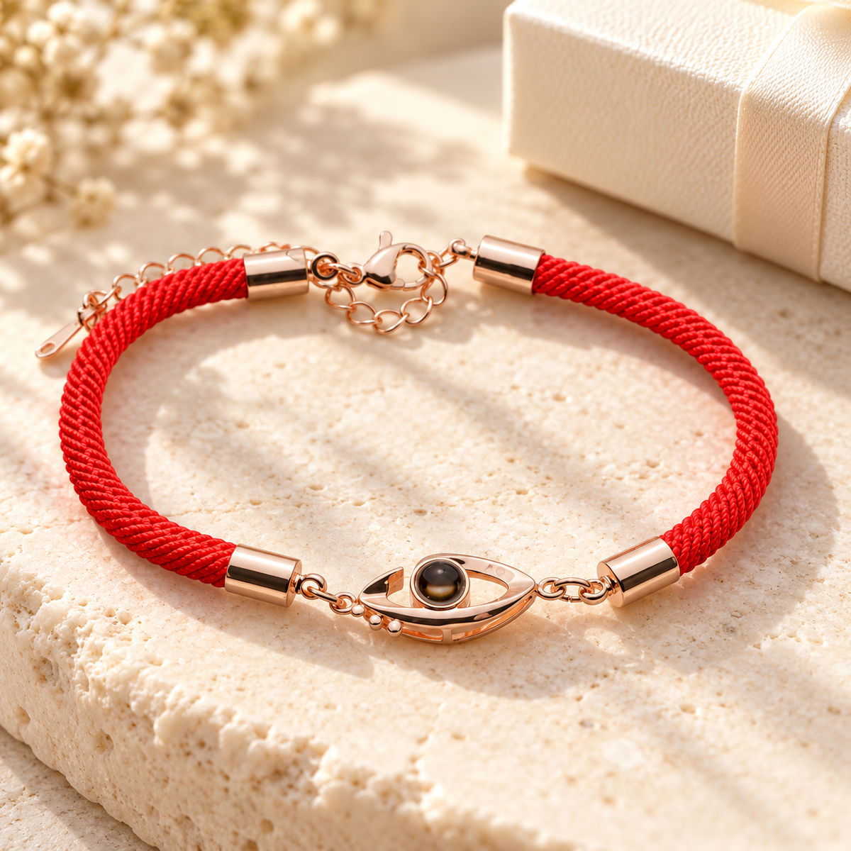 Fotoarmband Augenmotiv mit rotem Flechtband, roségoldenem Anhänger, Fotolinse und Karabiner