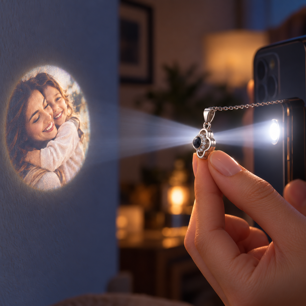 Silberfarbene 4MyLove Fotokette in Seitenansicht: Smartphone-Licht scheint durch die Fotolinse und projiziert ein Bild von Mutter und Kind an die Wand