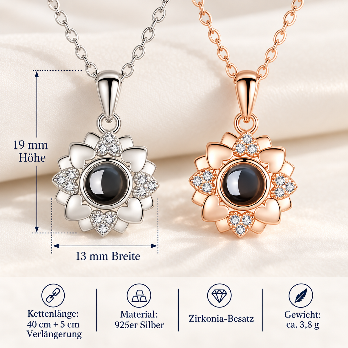 Fotokette „Herz aus Blüten“ von 4MyLove in Silber und Roségold mit Angaben zu Anhängermaß und Kettenlänge.