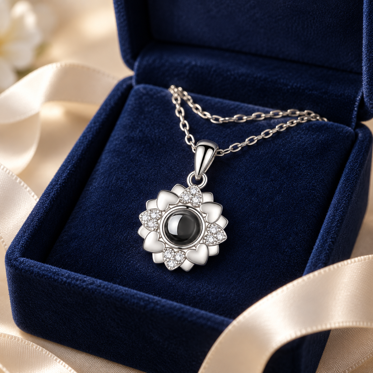 Fotokette „Herz aus Blüten“ von 4MyLove in Silber, präsentiert in einer dunkelblauen Geschenkbox