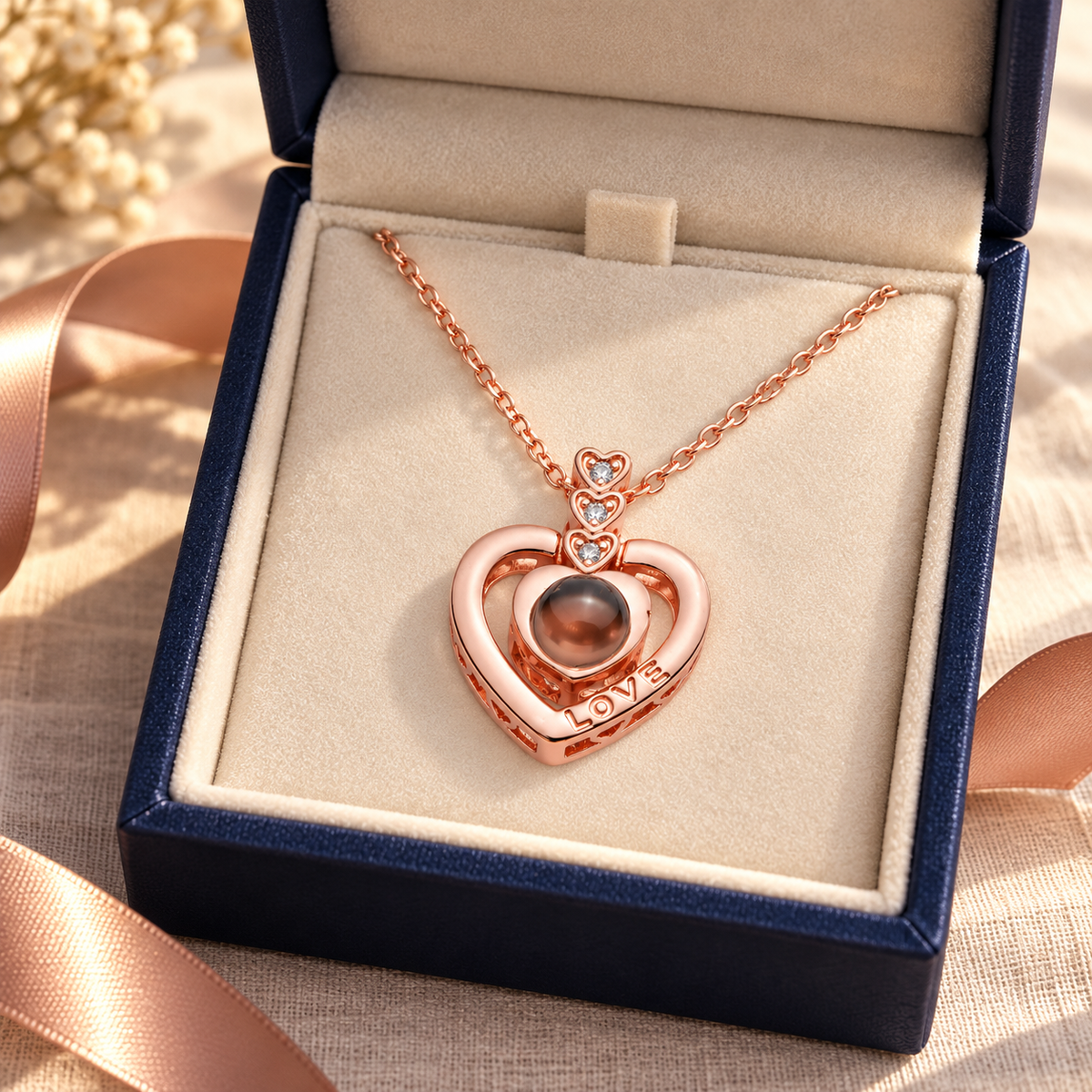 Fotokette „Drei kleine Herzen“ von 4MyLove in Roségold, präsentiert in einer geöffneten dunkelblauen Geschenkbox.