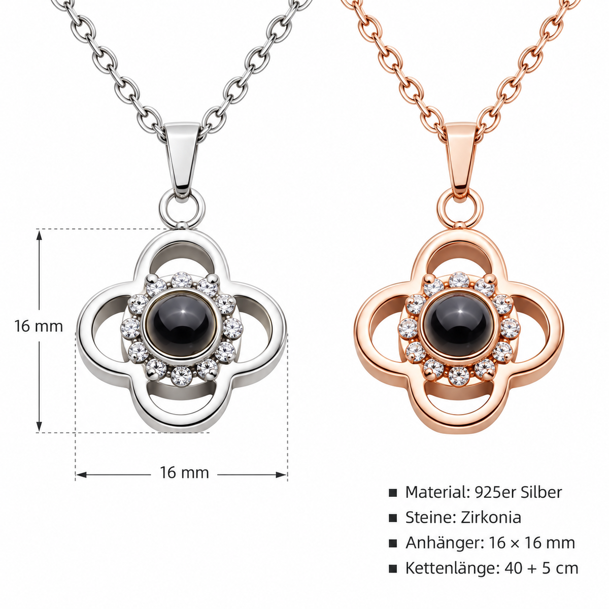 Produktgrafik der Fotokette „Offene Blüte“ von 4MyLove in Silber und Roségold mit Maß- und Kettenangaben.