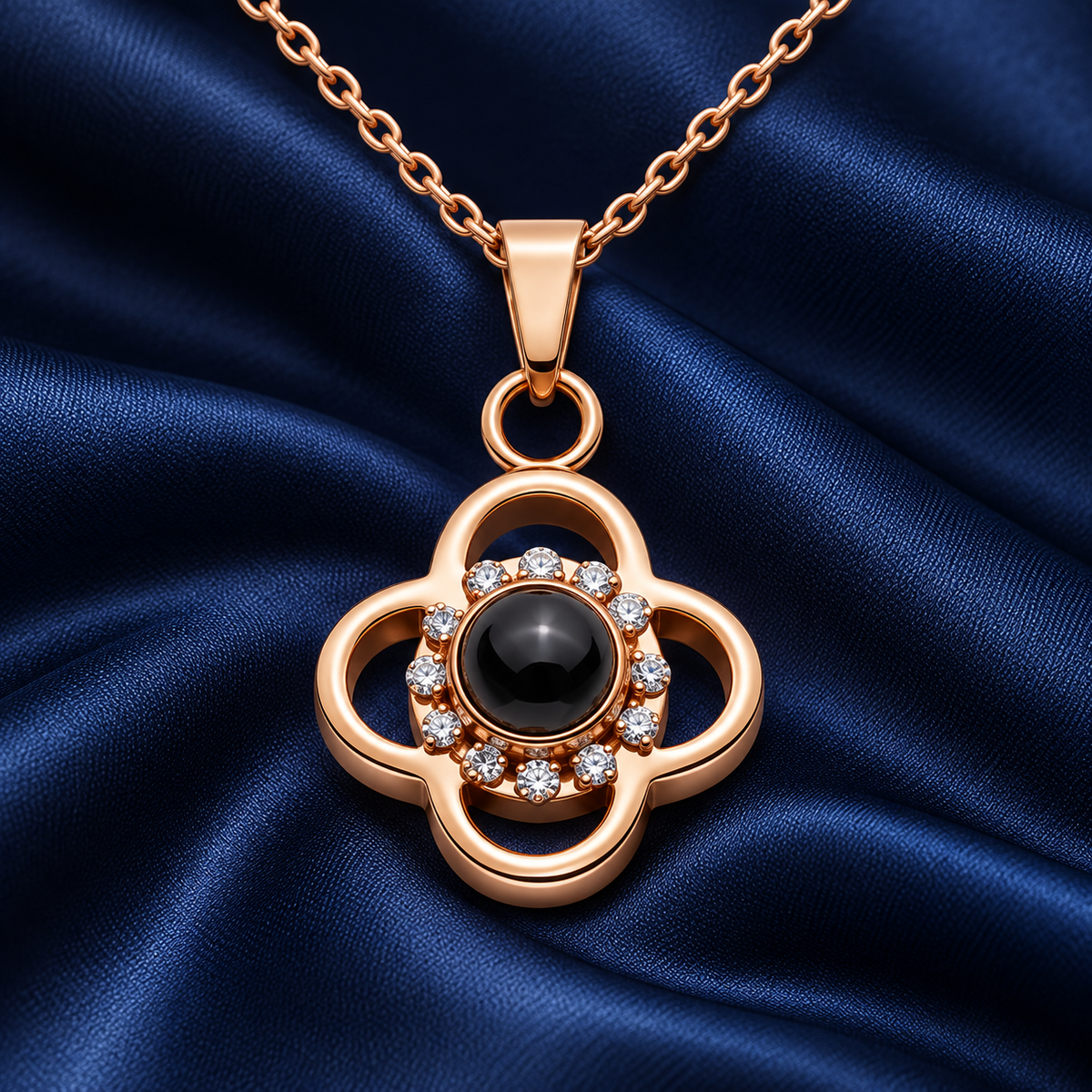 Roségoldfarbene Fotokette „Offene Blüte“ von 4MyLove mit separater Öse und dunkler Fotolinse auf blauem Satin.