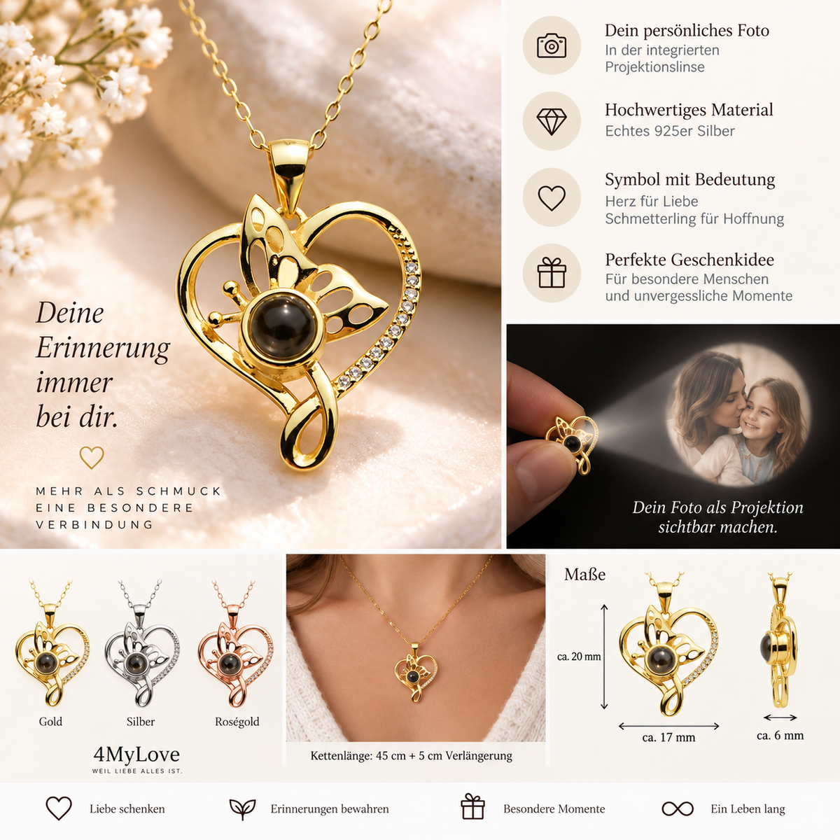 Kette mit Foto – Herz und Schmetterling, Fotokette mit Projektionslinse | 4MyLove