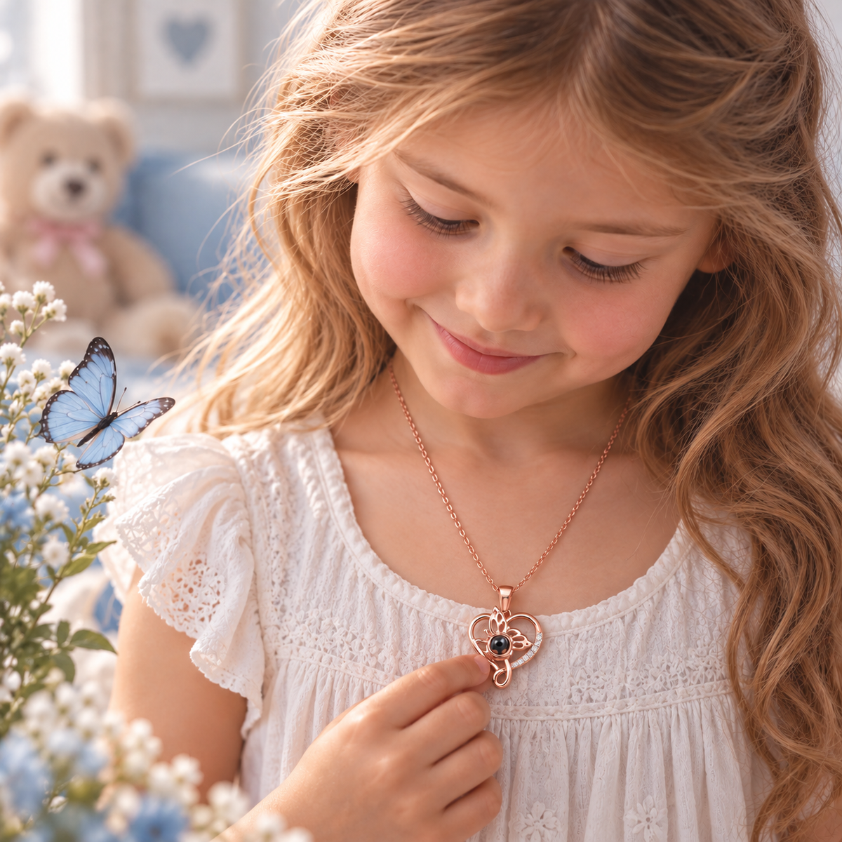 Kleines Mädchen trägt silberne Fotokette – Herz und Schmetterling von 4MyLove mit Projektionslinse