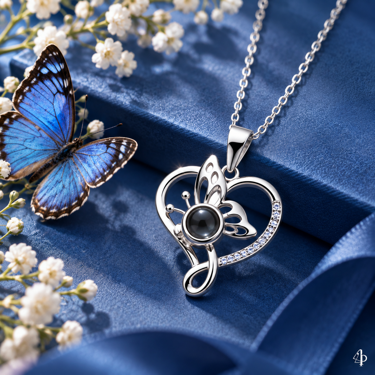 Silberne Fotokette – Herz und Schmetterling von 4MyLove mit Projektionslinse und blauem Schmetterling