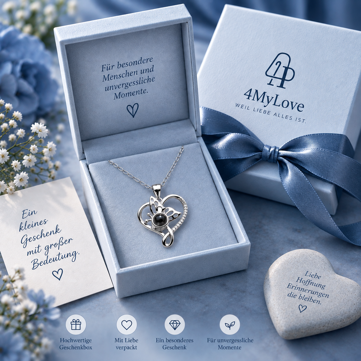 Silberne Fotokette – Herz und Schmetterling von 4MyLove in hochwertiger Geschenkbox