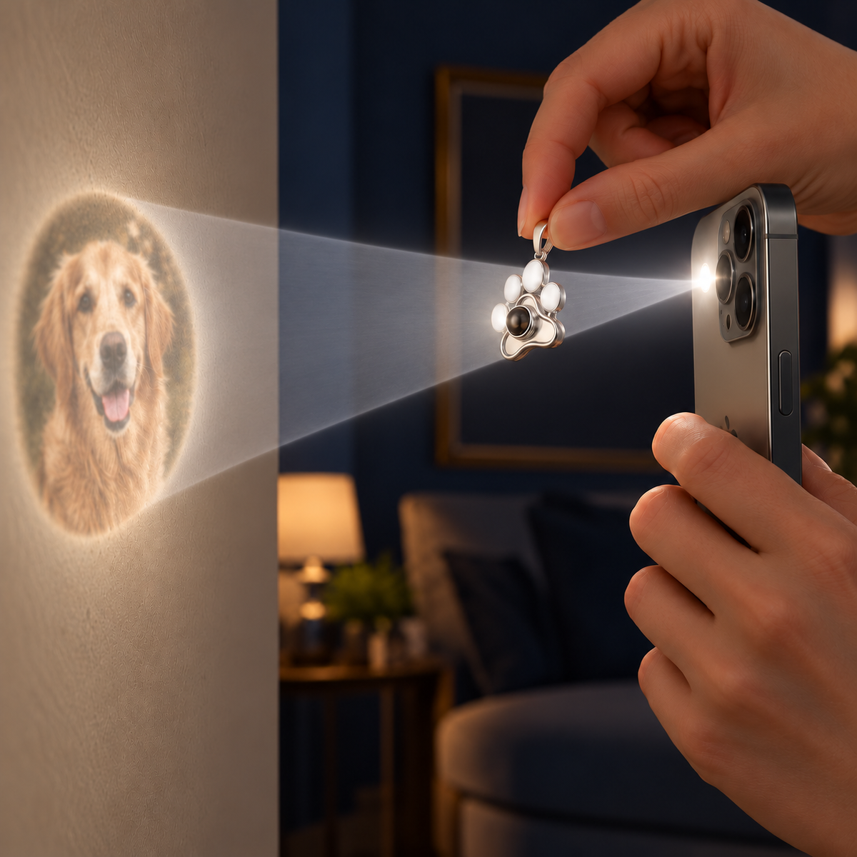 Handytaschenlampe durchleuchtet einen silbernen Pfotenanhänger und projiziert ein Hundefoto an die Wand.