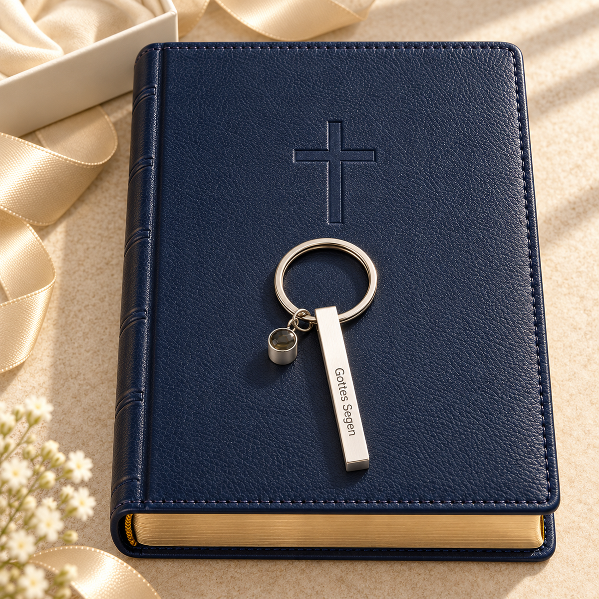 Personalisierter Schlüsselanhänger mit Gravur „Gottes Segen“ auf einer dunkelblauen Bibel als Geschenkidee