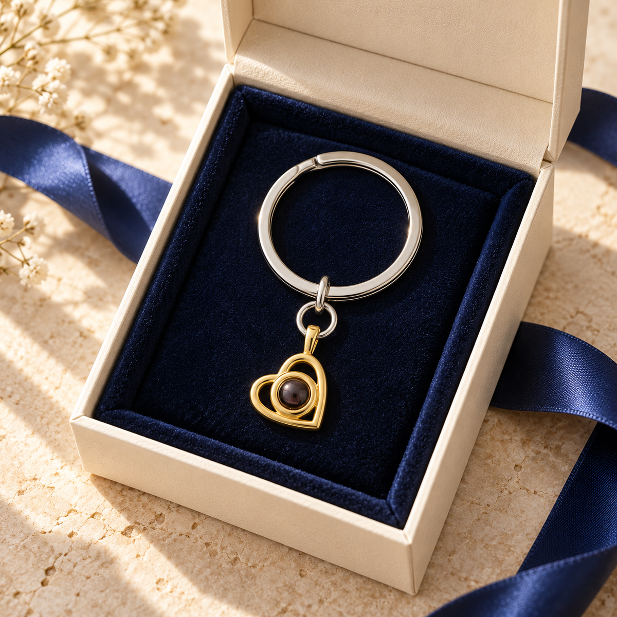 Foto-Anhänger mit offenem Herz in Gold und silbernem Schlüsselring, präsentiert in einer cremefarbenen Geschenkbox mit dunkelblauem Samt.