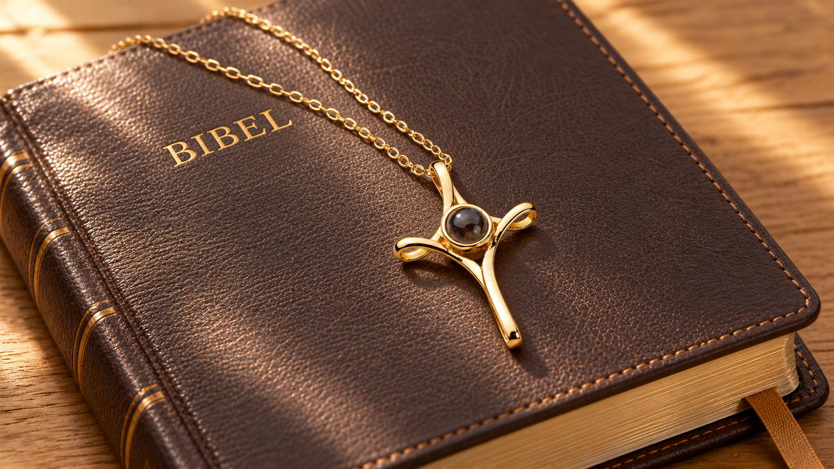 Goldene Fotokette mit geschwungenem Kreuz auf einer Bibel mit Ledereinband