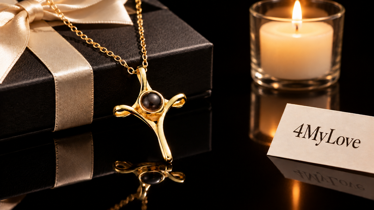 Goldene Fotokette mit geschwungenem Kreuz vor einer Geschenkbox und brennender Kerze