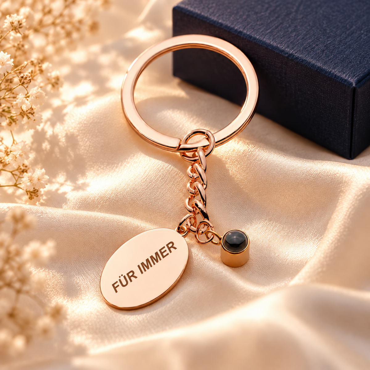 Ovaler Schlüsselanhänger in Roségold mit Gravur und Fotolinse vor einer Geschenkbox – Geschenk für Paare