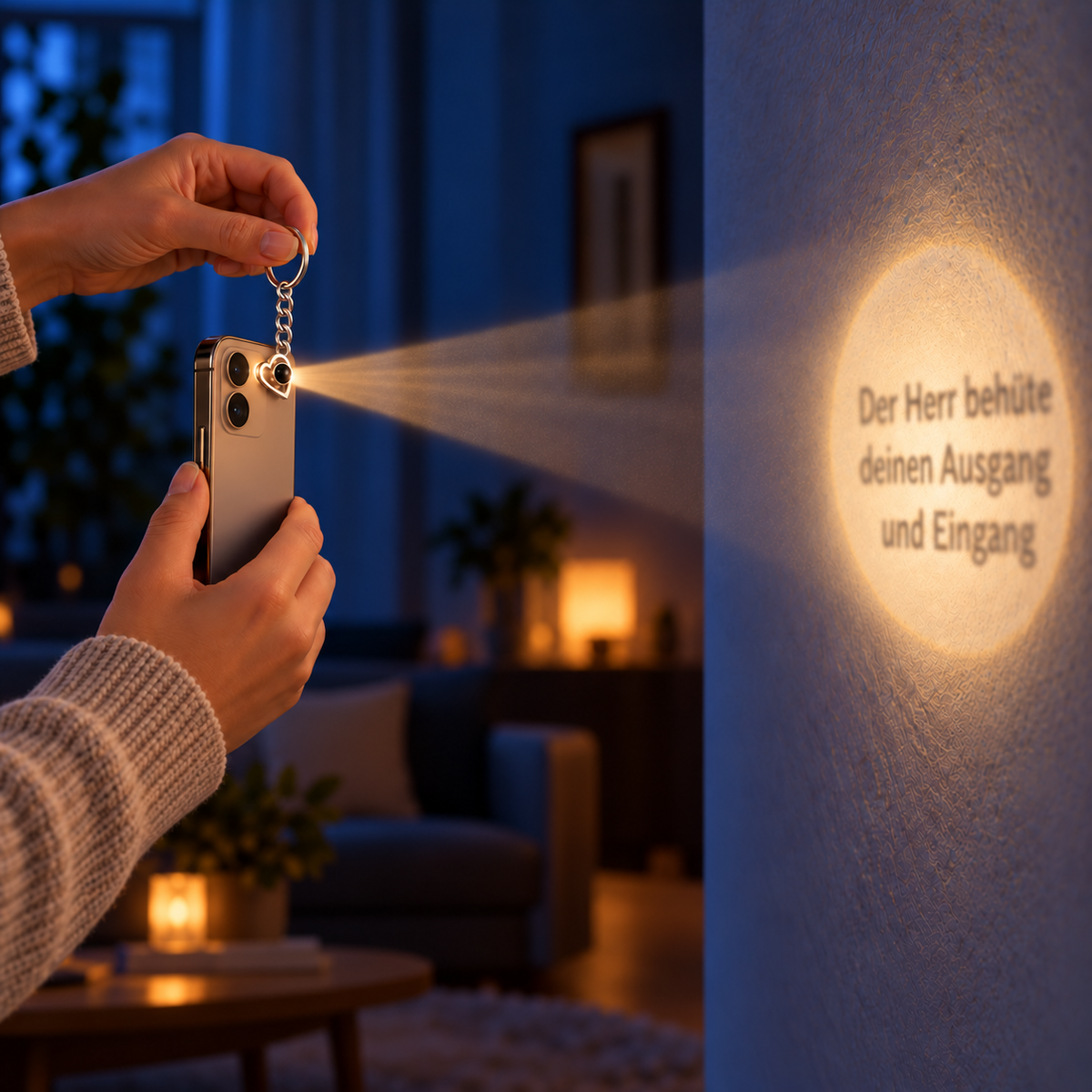 Schlüsselanhänger mit Projektionslinse: Handylicht projiziert den Segen „Der Herr behüte deinen Ausgang und Eingang“ an die Wand