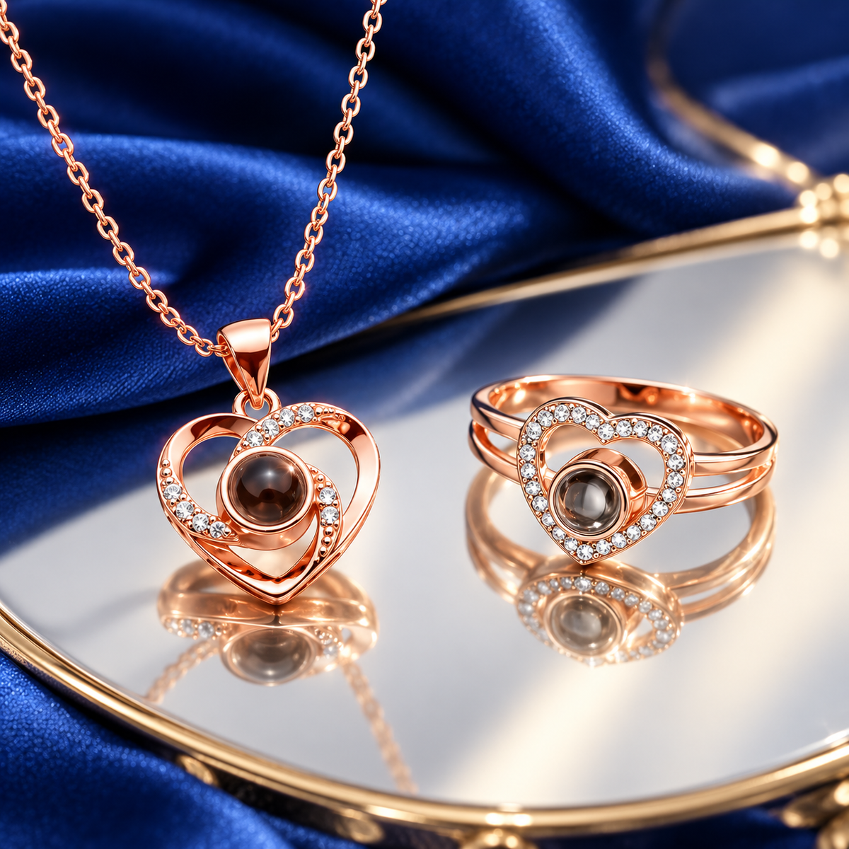 Roségoldenes Herz-Schmuckset mit Kristallen: Fotokette und Herzring auf Spiegelglas