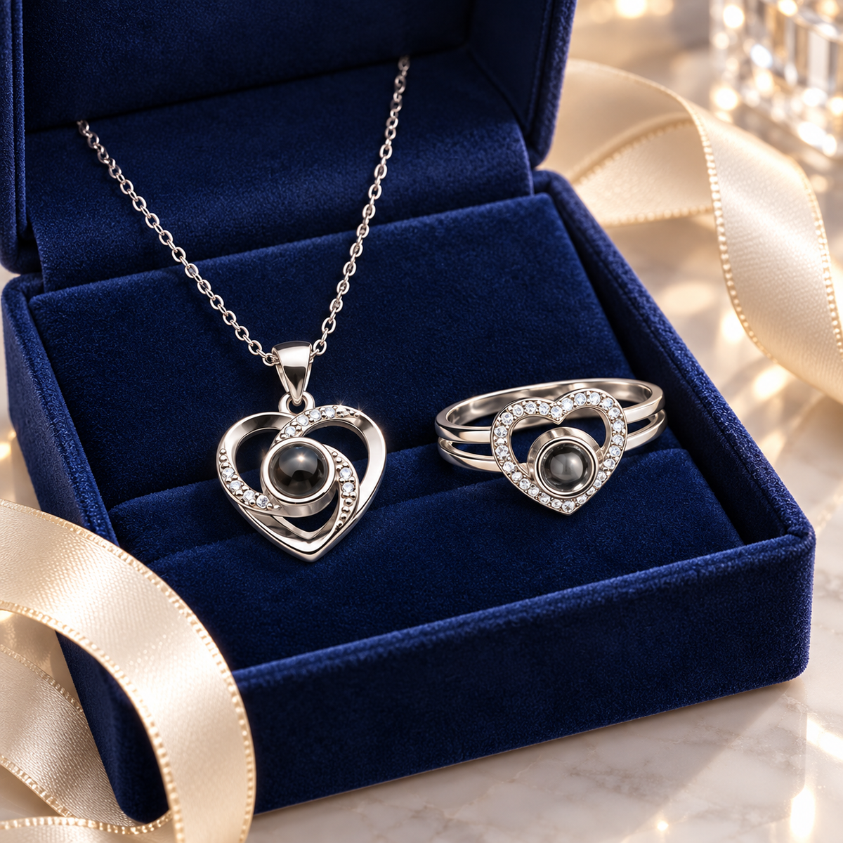 Silbernes Herz-Schmuckset mit Kette und Ring im dunkelblauen Samtetui